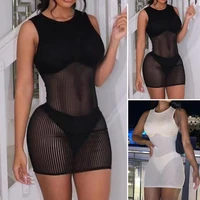o neck hip wrap sleeveless ribbed bodycon dress see through mesh stitching sexy mini dress club wear