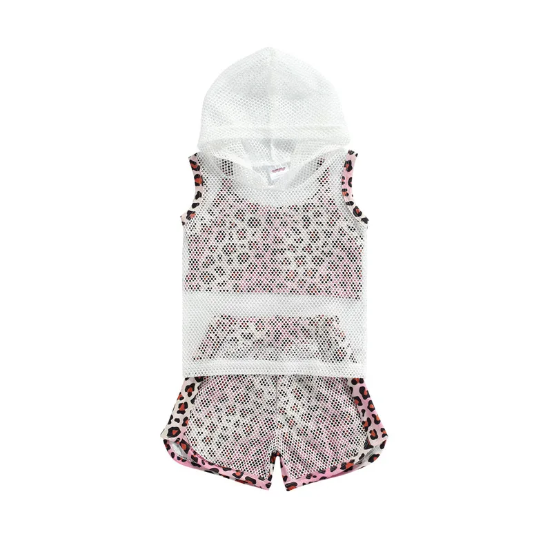 

3 шт., детский летний спортивный костюм, кроп-топы на бретелях-спагетти с леопардовым принтом + шорты + сетчатые майки с капюшоном для девочек,...