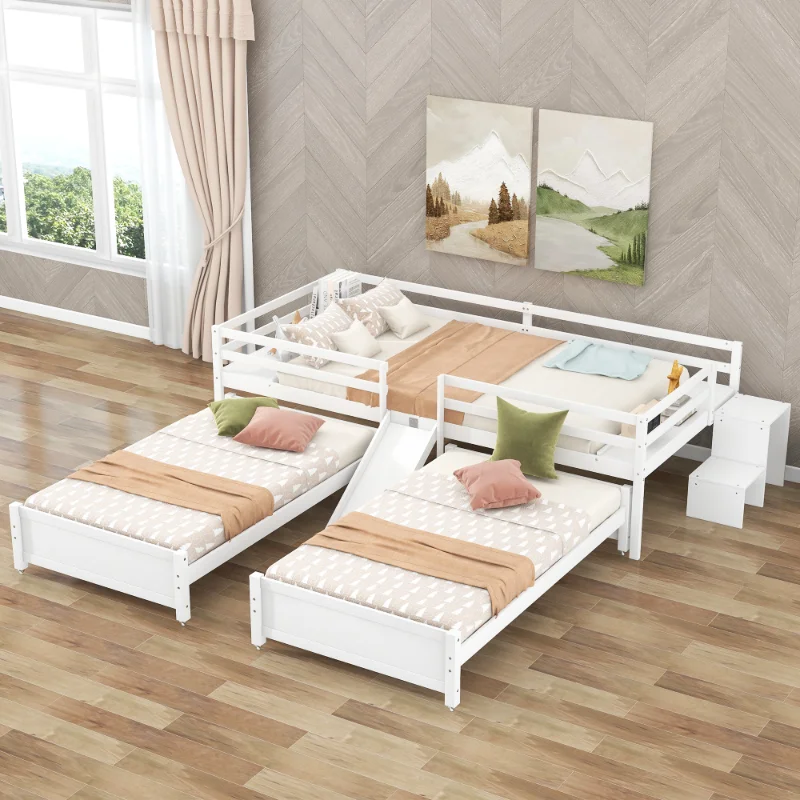 

[Flash Deal]Full Over Twin&Twin Platform Bed with Built-in Slide and Little Storage Stairway White Easy To Assemble[US Stock]