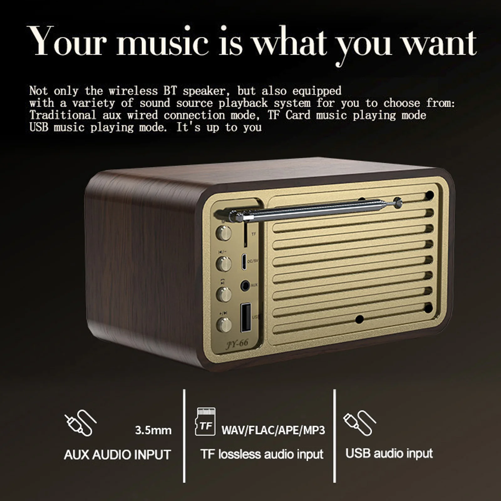 JY-66 Wooden Wireless BT5.0 Speaker Retro Classic Soundbox Super Bass сабвуфер FM Radio Support TF U Disk AUX IN Music |
