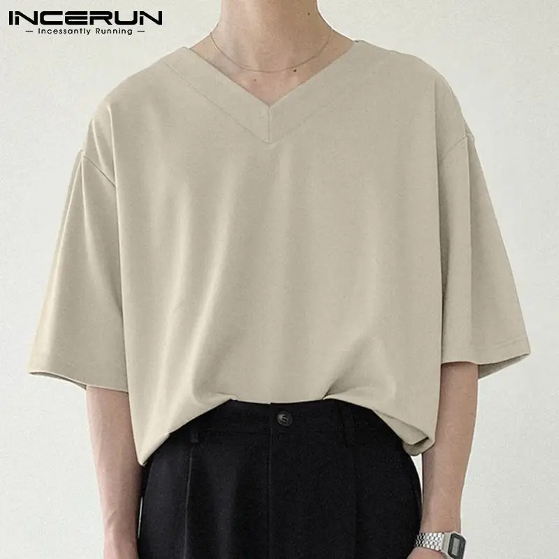 

Красивая модная мужская однотонная свободная Удобная Camiseta INCERUN Стильная мужская универсальная простая футболка с коротким рукавом и кругл...