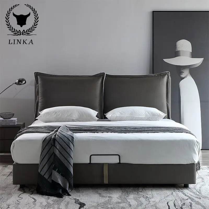 

Роскошная кожаная двуспальная кровать Nordic светильник, простая современная кровать для хозяина маленькой квартиры и второй спальни, красная сетчатая кровать, свадебная кровать