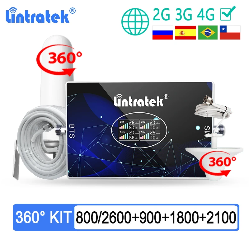 

Lintratek 4 Band LTE 2600 2G 3G 4G Cellular Signal Amplifier 800 900 1800 2100 UMTS B5 850 1700 1900 Booster Repeater 360° Kit