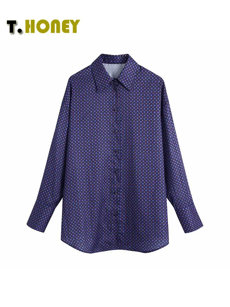 

TELLHONEY Women Fashion Geometric Print Lapel Collar Single Breasted Blouses Female Vintage Long Sleeves Loose Shirt Chic Tops