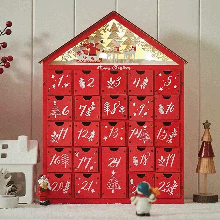 

Creative Christmas Countdown Calendar Wooden 24 Drawers Kids Luminous Small Gift Candy Drawer Storage Box Christmas Deer Home