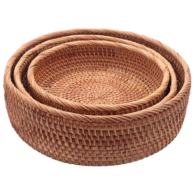 

Hadewoven Round Rattan Fruit Basket Wicker Food Tray Weaving Storage Holder Dinning Room Bowl (3-Size Kit)