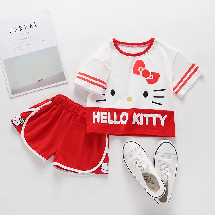 

Костюм с коротким рукавом и мультяшным принтом Hello Kitty, хлопковая толстовка для девочек с цветными блоками, летняя модная детская одежда