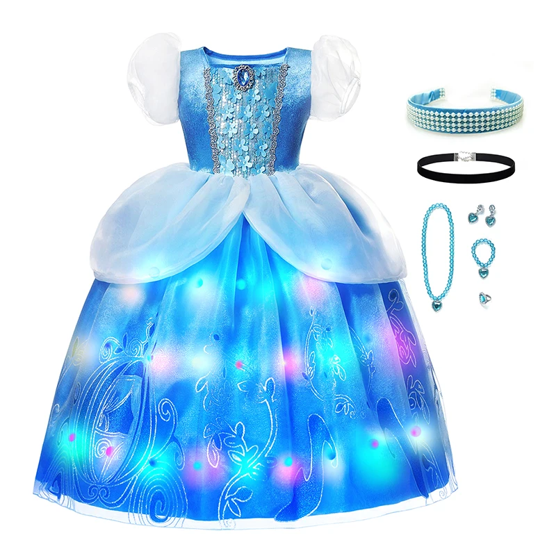 Disney Girls Little Mermaid Ariel Princess Dresses Led Light up Kids Costume Carnival Party Children Halloween Dress Up Clothes images - 6