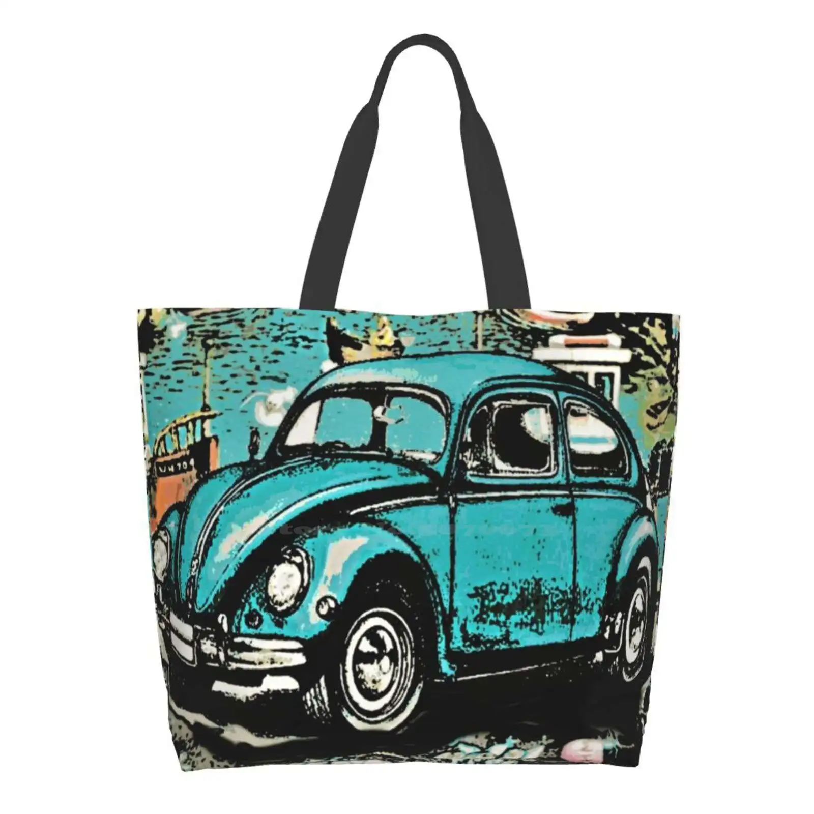 

Gone Fishing Ladies Casual Handbag Tote Bag Reusable Large Capacity Seaside Fishing Naive Cartoon Car Classic Vintage Vehicle