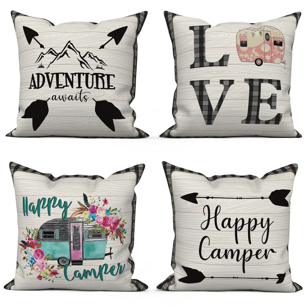 

Love Happy Camper Letter Pillowcase Sofa Cushion Cover Polyester Throw Pillow Case Home Bedroom Car Decor 40x40 45x45 50x50cm