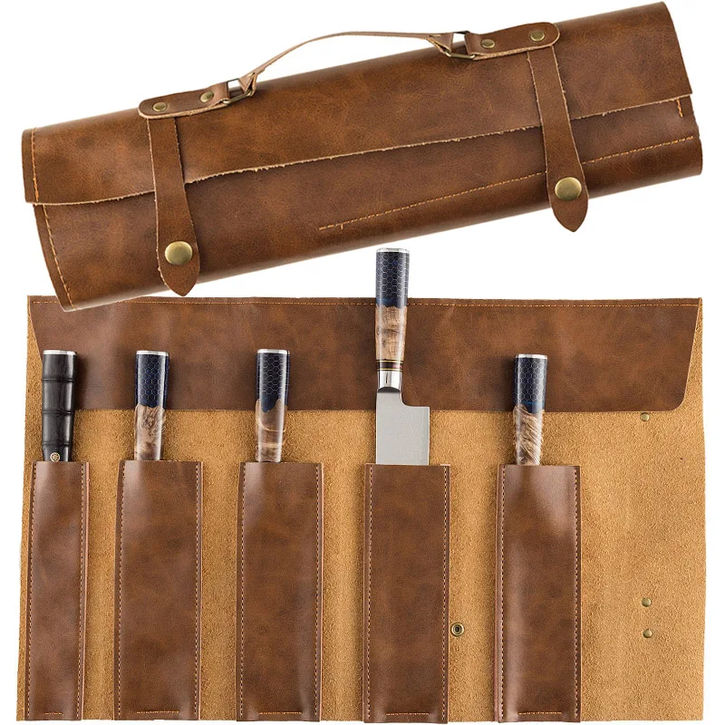

Professional Leather Chef Knife Bag Portable Cooking Kitchen Knives Storage Roll Bag Camping Carry Case Pockets Pouch