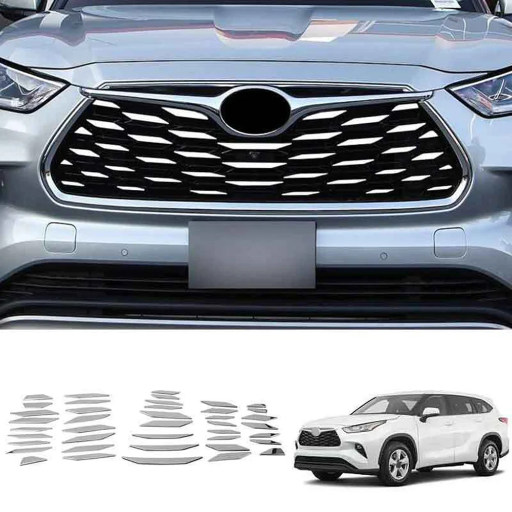 

Car Headliner Sticker Chrome Steel Front Upper Bumper Mesh Grill Grille Trim For Highlander 2020-2023 Car Exterior Parts 41pcs