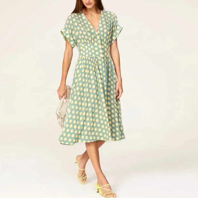 

V-neck Dress Women's Polka Dot Print Short-Sleeved Waist A-line Midi Skirt 2022 Summer New