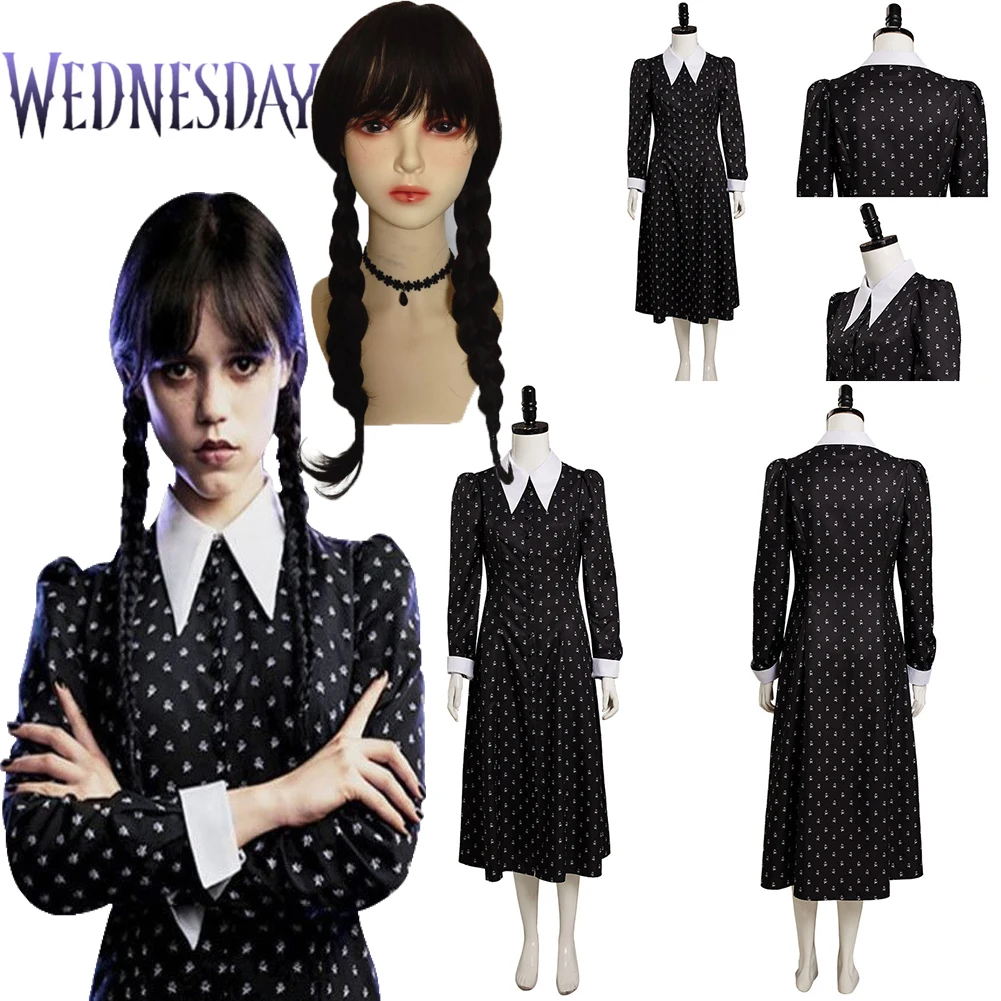 

Wednesday Addams Dress Cosplay Costume Woman Girl Addams Cosplay Dress Outfits Vintage Black Gothic Printing Clothes Halloween