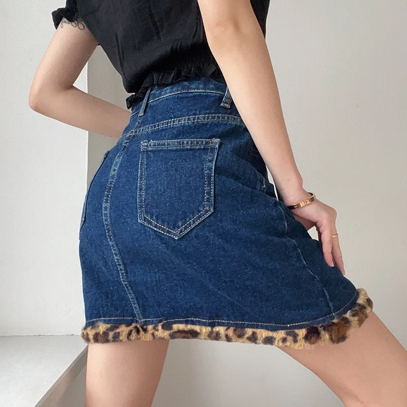 Fashion Blue Denim Skirt Female 2023 Leopard Print Frayed Design Sense Hollow Hole High Waist Slim Bag Hip Skirt Women Clothes images - 6