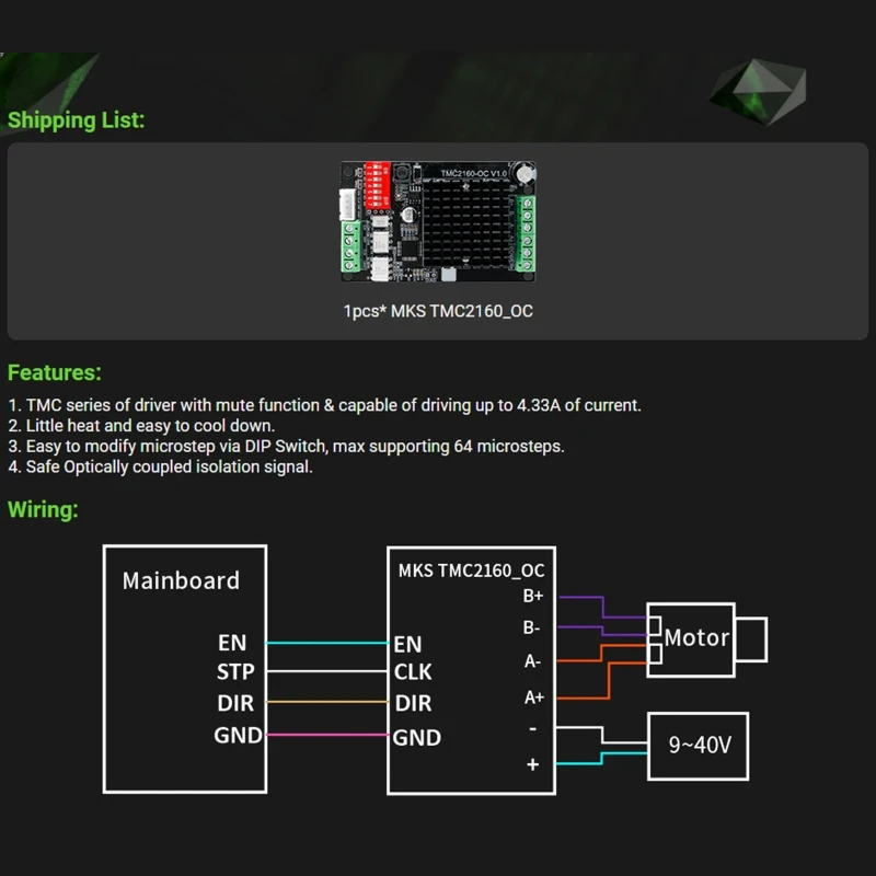 

MKS TMC2160-OC Motor Driver Big Current 4.33A Mute and Support 64 Microsteps with Large Heatsink