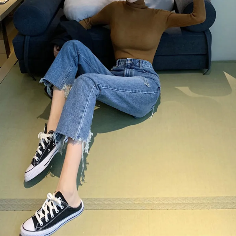 

High Waist Denim Hole Ripped Destroyed Female Fashion Spring Casual Blue Jeans Trousers Autumn Women Elastic Holes Jeans Pants