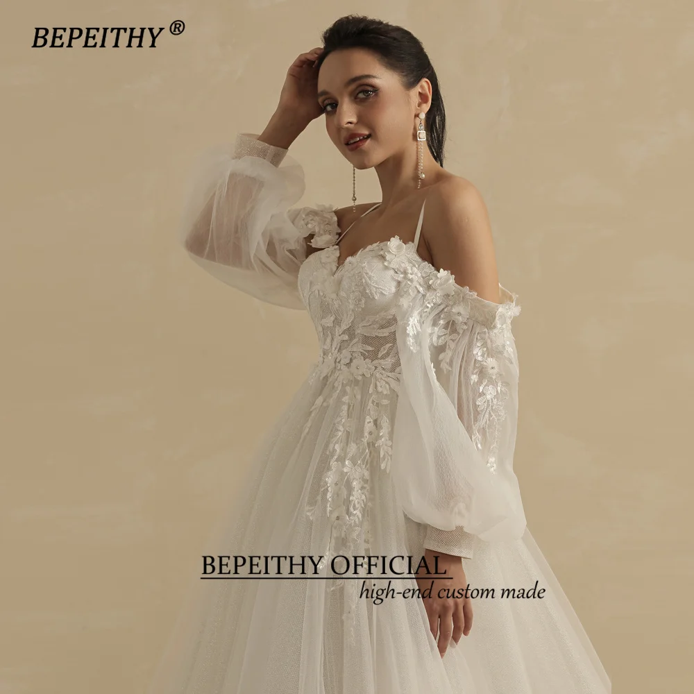 BEPEITHY Sweetheart Glitter A Line Wedding Dress For Women 2022 Bride Detachable Full Sleeves Elegant Bridal Party Gown Luxury images - 6