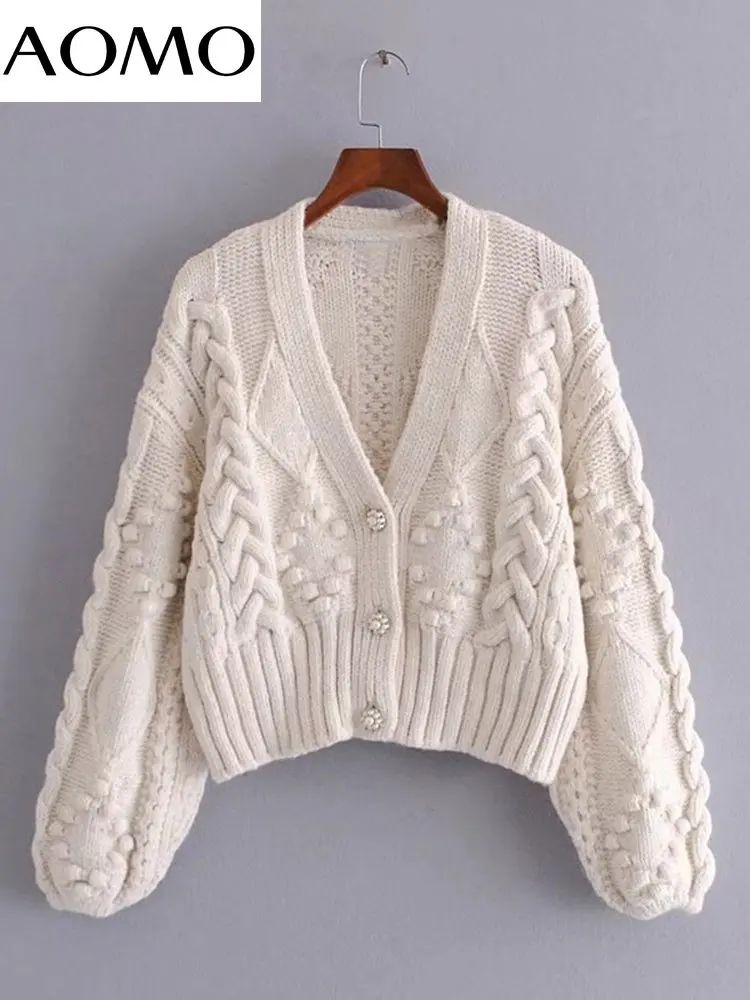 

AOMO Women 2022 Thick Pearl Buttons Twist Cropped Sweater Vintage V Neck Long Sleeve Female Outerwear 3H287A