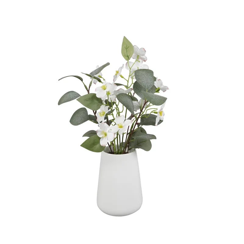 

15" Artificial Matte White Vase w Eucalyptus and White Flower ( 8"L x 8"W x 15"H)