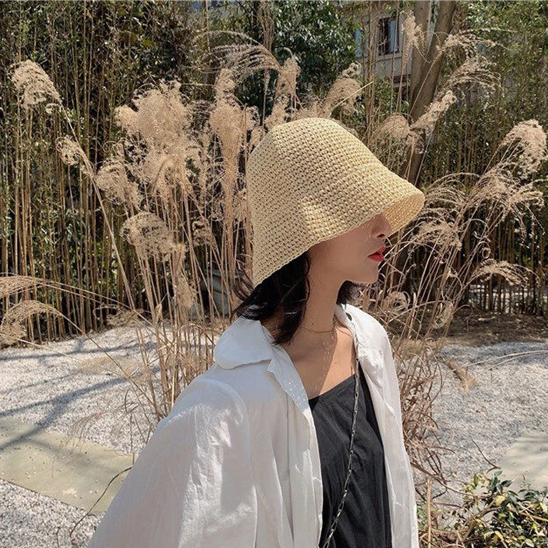 

Breathable Foldable Straw Hats Outdoor Beach Panama Weave Bucket Hat Women Seaside Sun Visor Caps Summer Soft Wide Brim Sun Cap