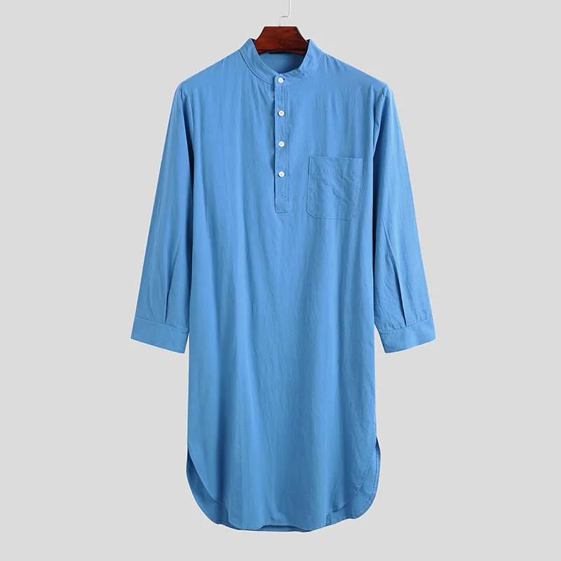 Muslim Men's Long Sleeve Button Solid Color Shirt Men's Robe Arabic Dress Men Saudi Arabia Breathable Robes Muslim Men Clothing