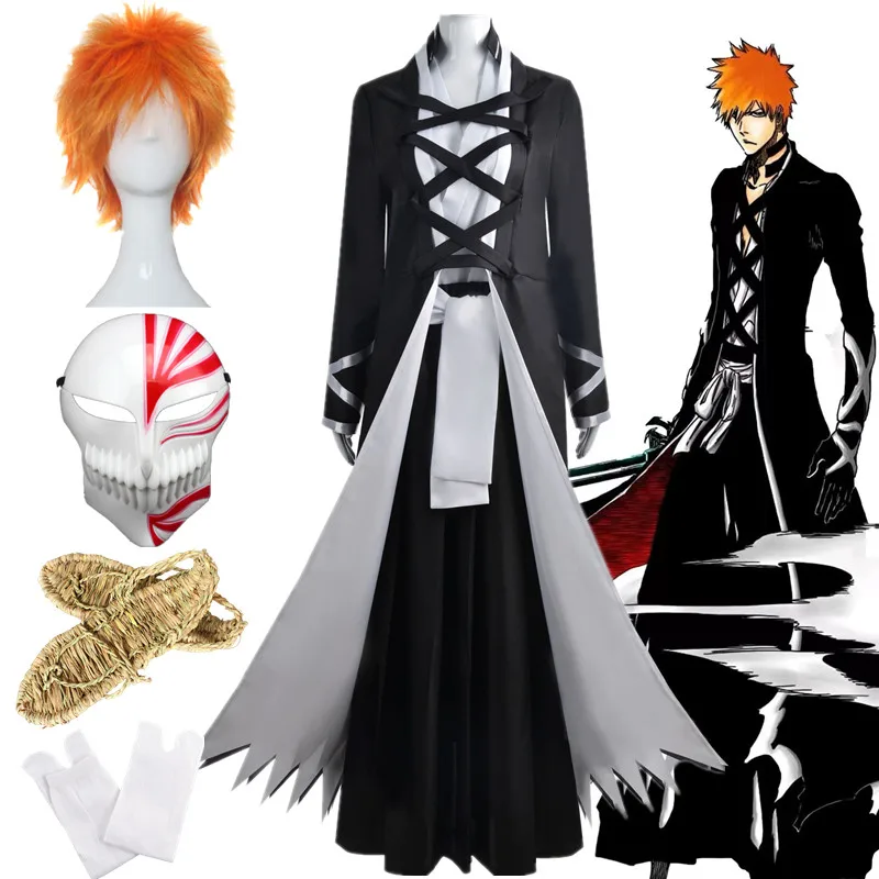 

Anime Bleach Ichigo Kurosaki Cosplay Costume Zangetsu Black Kimono Cloak Uniform Sets Halloween Christmas Party Clothes Props