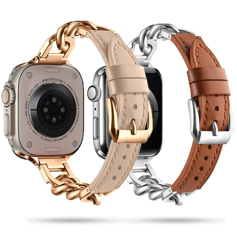 

Ремешок из натуральной кожи для Apple Watch Band 44 мм 40 мм 45 мм 41 мм 49 мм 42 мм, металлический браслет с одной петлей для iWatch Series 9 8 Ultra 7 6