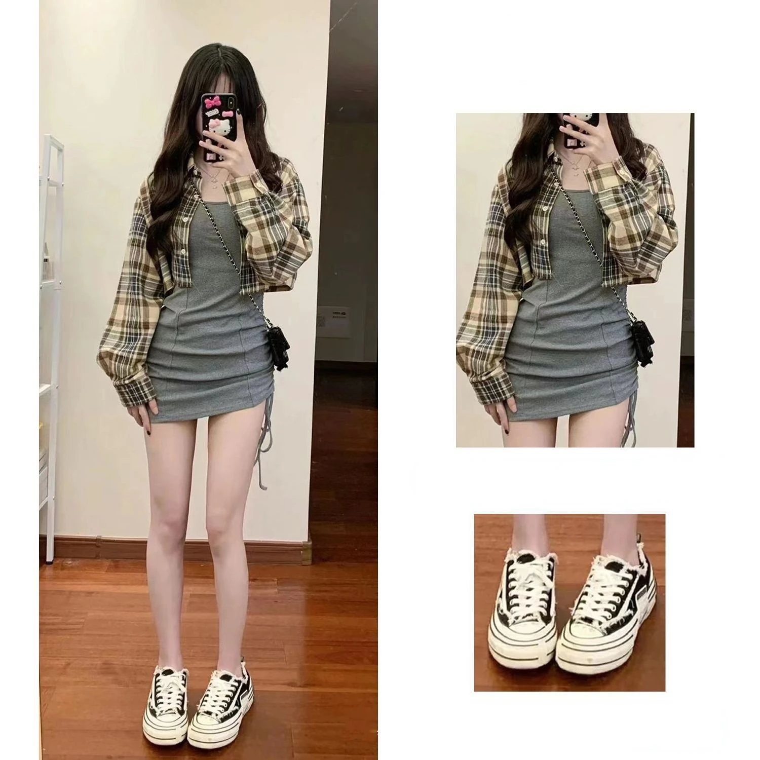 

2023 summer Korean chic short section thin plaid sunscreen jacket shirt + drawstring suspenders skirt two-piece tide