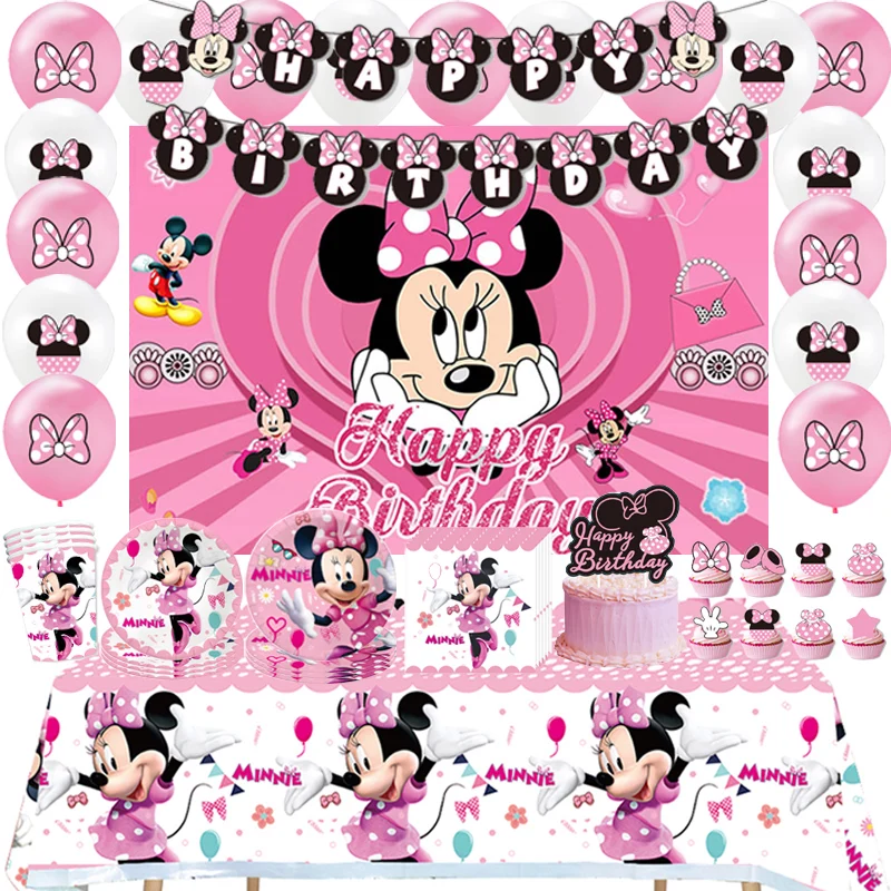 

Disney Pink Minnie Mouse Birthday Party Decorations Paper Cup Plate Balloons Backdrop Girls Baby Shower Birthday Party Supplies