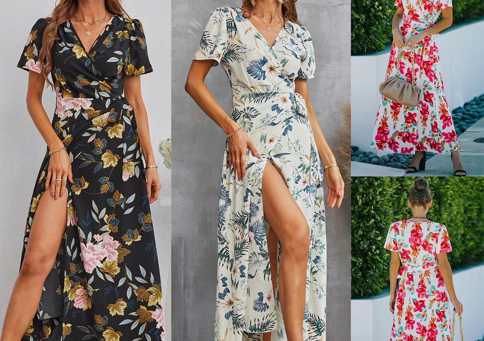 

2023 Summer New Slit Long Dress Women's Fashion V-neck Printed Short-sleeved Casual Dresses Lady