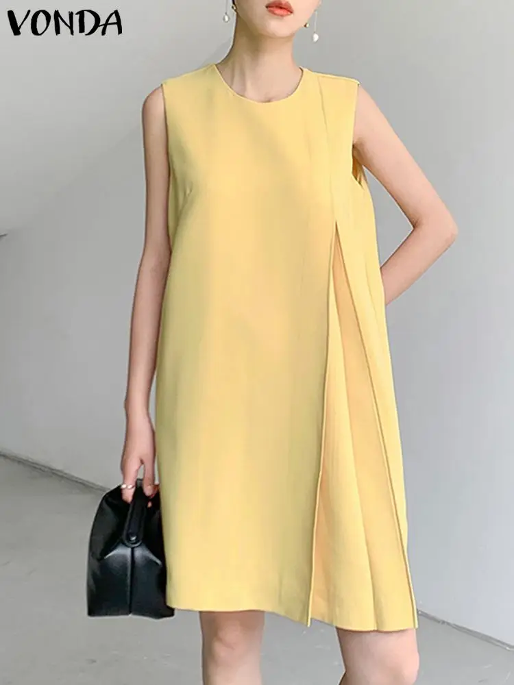 

Платье VONDA женское летнее без рукавов, пикантный плиссированный Мини Сарафан на бретелях, элегантное однотонное свободное пляжное с карманами, 2023