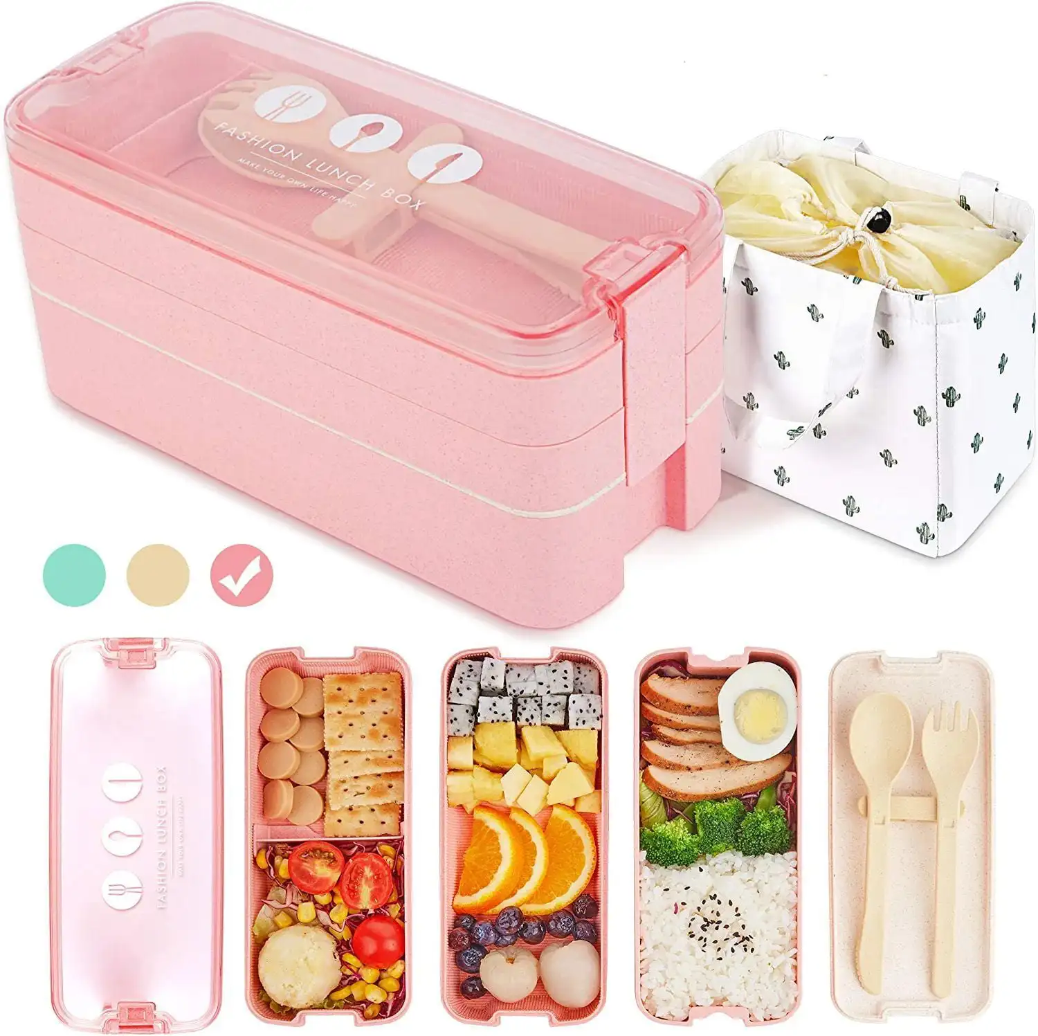 

Ланч-бокс Bento 1100 мл/38 унций, 3-х слойная коробка Bento с ложкой и вилкой для детей, взрослых и офисных работников, Ланч-бокс без БФА, герметичный F