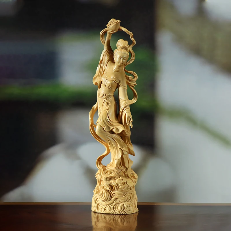 

Скульптура из самшита, статуя богини из массива дерева для дома, гостиной, офиса, красивая фигурка, неба, девочка, рассеянный цветок, украшение