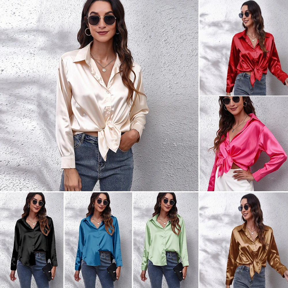 Купи New Autumn Women's Shirt Faux Silk Satin Top Casual Long Sleeve Blouses Button Lapel Shirts Elegant Rose Tops OL Women Clothing за 752 рублей в магазине AliExpress