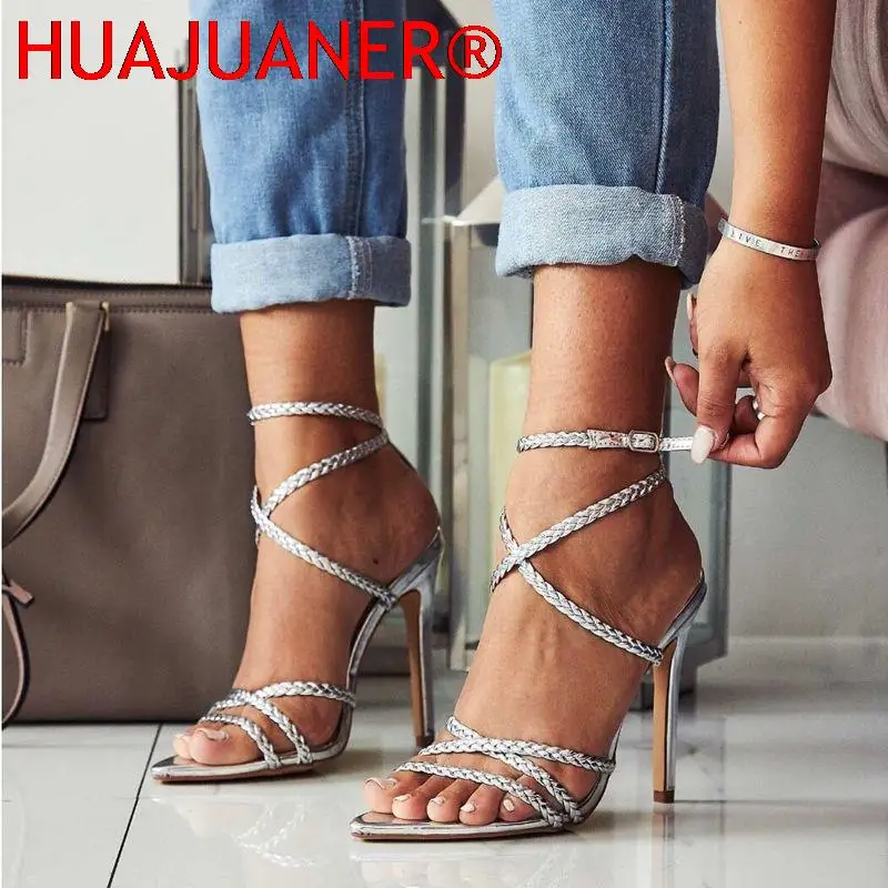 

HUAJUANER Silver Bling Crystal Sexy Sandals for Women Open Toe Rhinestone Strap Cross High Heel Sandals Wedding Dress Shoes