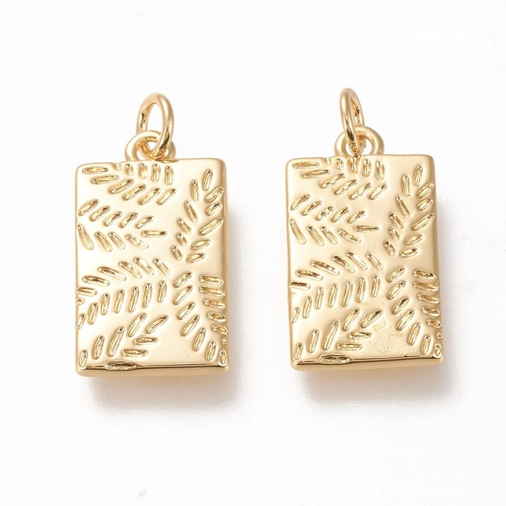 

1pcs Brass Pendants with Jump Rings Long-Lasting Plated Rectangle with Leaf Real 20K Gold Plated