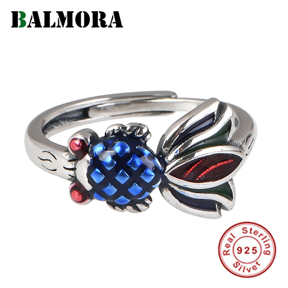 

BALMORA 925 Sterling Silver Enamel Colorful Koi Fish Ring For Women Vintage Animal Adjustable Handmade Ring Retro Jewelry Gift