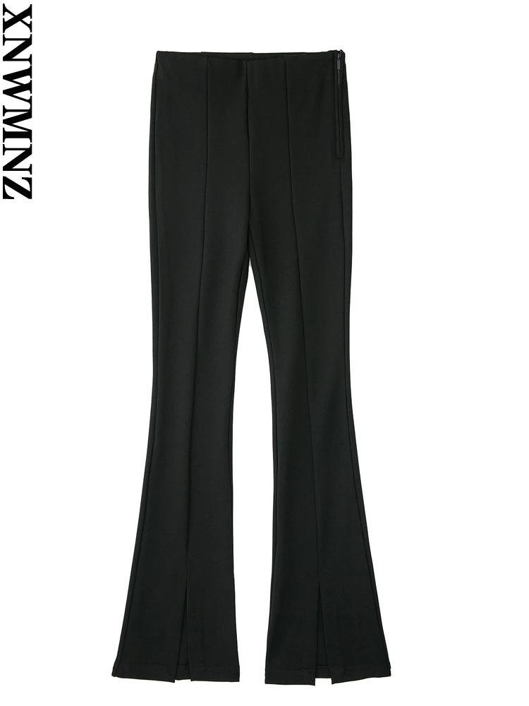 

XNWMNZ 2022 Women Fashion Side Zipper Flared Pants Woman Hem Front Slit High Waist Leggings Casual Office Ladies Chic Trousers