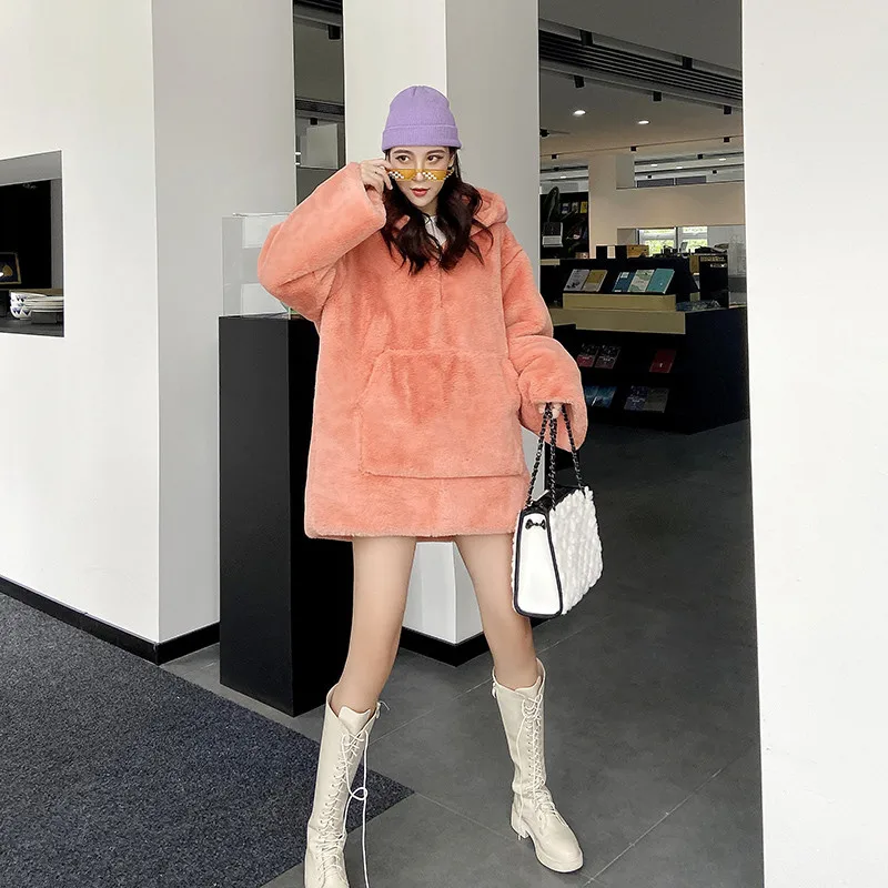 Fashion Oversized Woman Faux Fur Coat 2021 Winter Warm Thick Hooded Long Coats Women Jacket Loose Plush Overcoat Fluffy Jackets