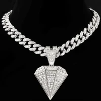 hip hop paved rhinestones diamond shape pendant necklace for women men iced out crystal chunky cuban chain necklace jewelry gift