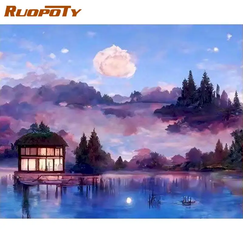 

RUOPOTY 60x75cm Frame Painting By Numbers Night Moon Scenery Oil Paint Kits Handmade DIY Gift Home Living Room Decor Artwork