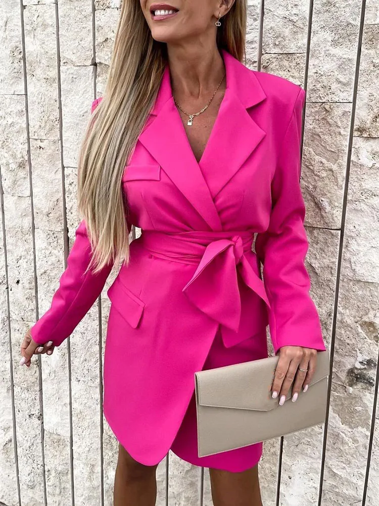 

2022 Europe and The United States autumn winter new belted waist dress dress loose candy color suit collar dress