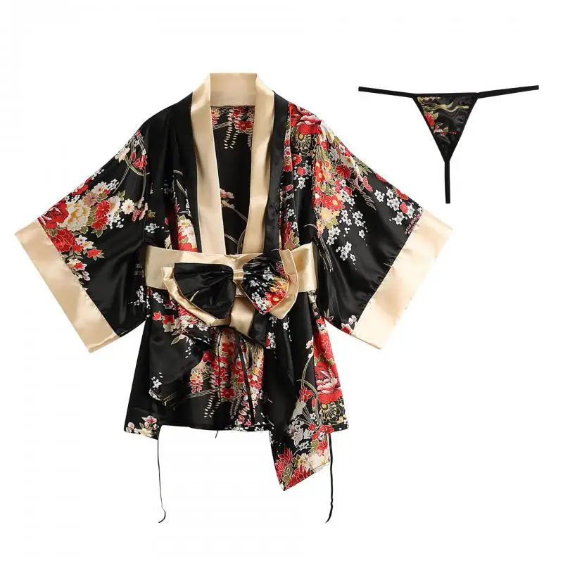Sexy Lingerie Robe Women Classic Japanese Kimono Sleepwear Silky Satin Print Flower Women's Nightwear Temptation Mini Home Wear