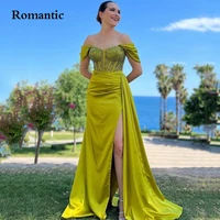 romantic green satin evening dress off the shoulder sweetheart with beads side high slit long prom gowns vestido de festa luxury