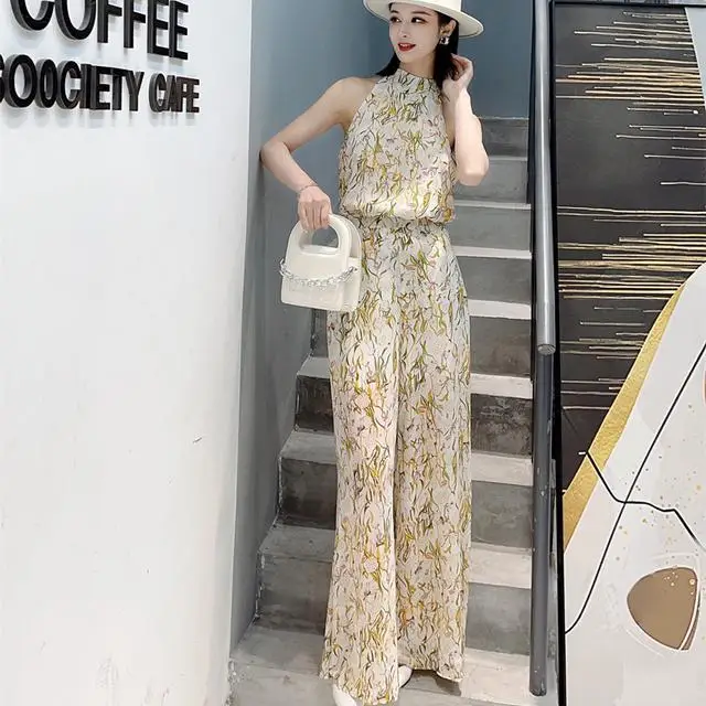 

2022 Summer Women Fashion Pants Suits Female Printed Sleeveless Tops and Loose Wide-leg Trousers Ladies Two-piece Sets R63