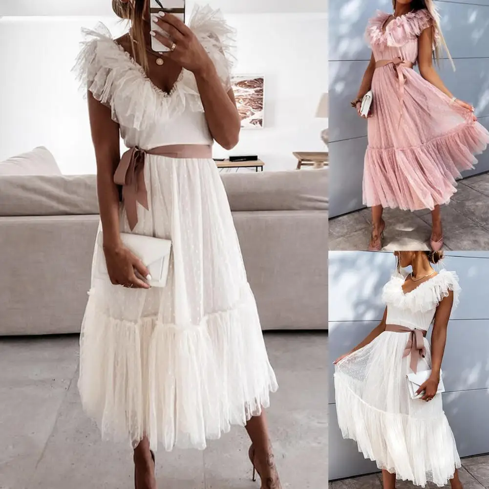 

Summer Dress V Neck Solid Color V Neck Formal Dress Fashion Dress Women Short Sleeve Belt Large Hem Dress for Party