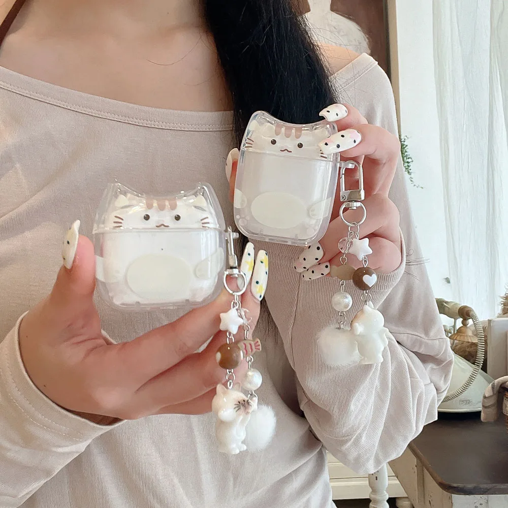 Фото Прозрачный мягкий синий чехол для AirPods Pro 2 3 4 1, Bluetooth-бокс, чехол для AirPods Pro3 с 3D-ушками кошки, брелок с меховым шариком в виде котенка №5