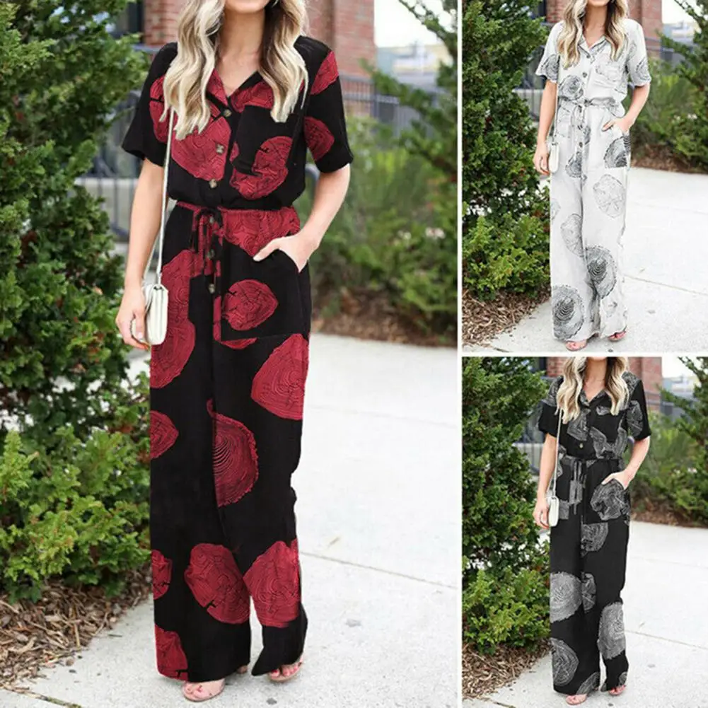 

Turn-Down Collar Short Sleeve Wide Leg Women Jumpsuit Round Print Waist Lace-up Pocket Shirt Jumpsuit Female Clothing
