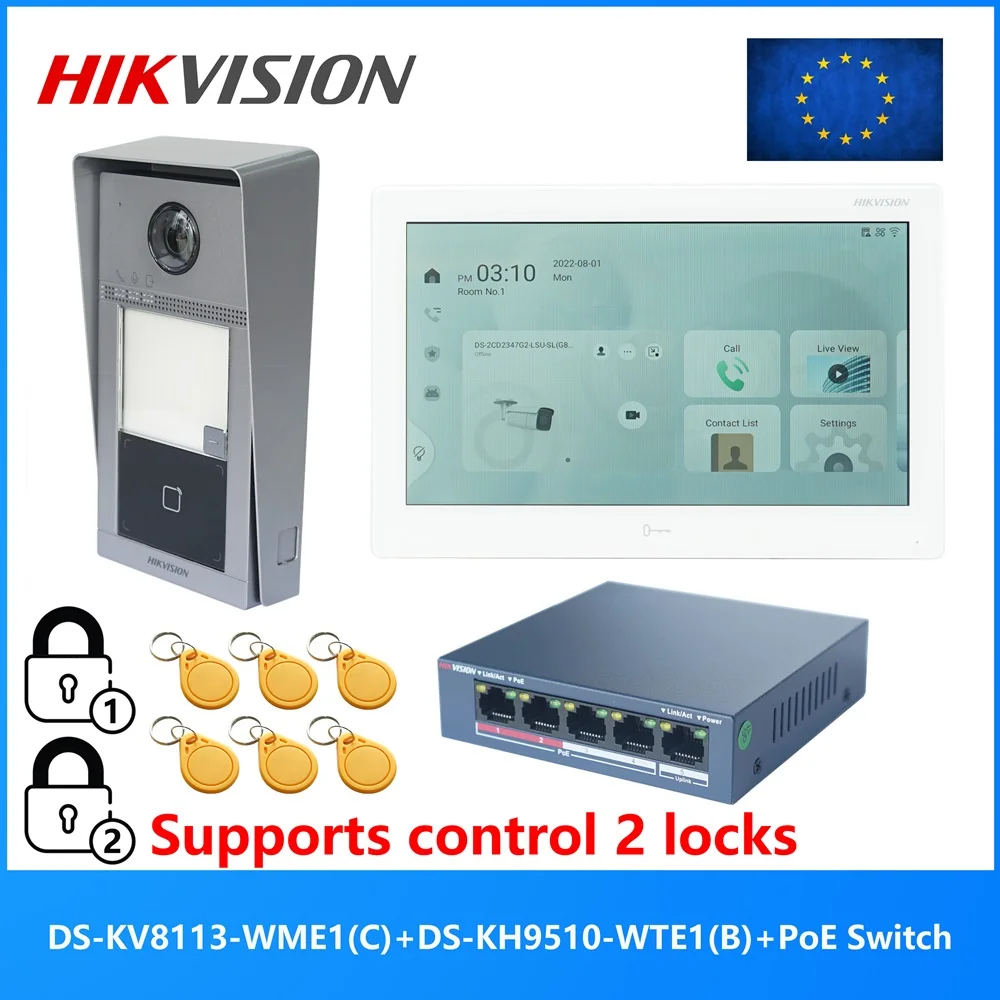 HIKVISION Многоязычный комплект видеодомофона 802.3af POE включая DS-KV8113-WME1(C) и DS-KH9510-WTE1(B)